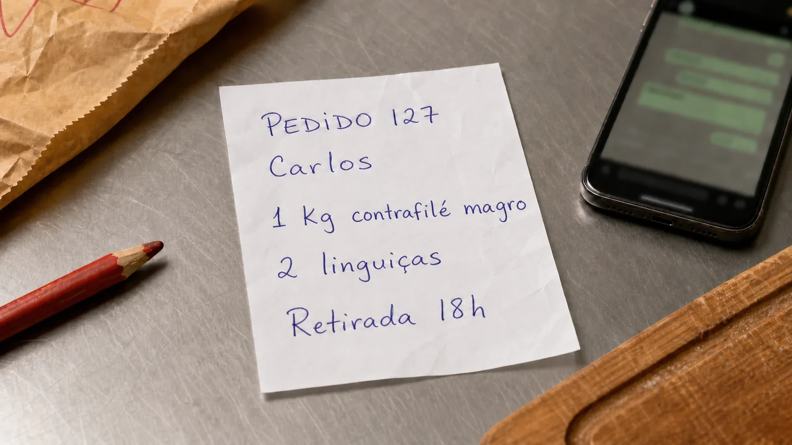 Pedido de açougue escrito à mão em um papel ao lado de um celular