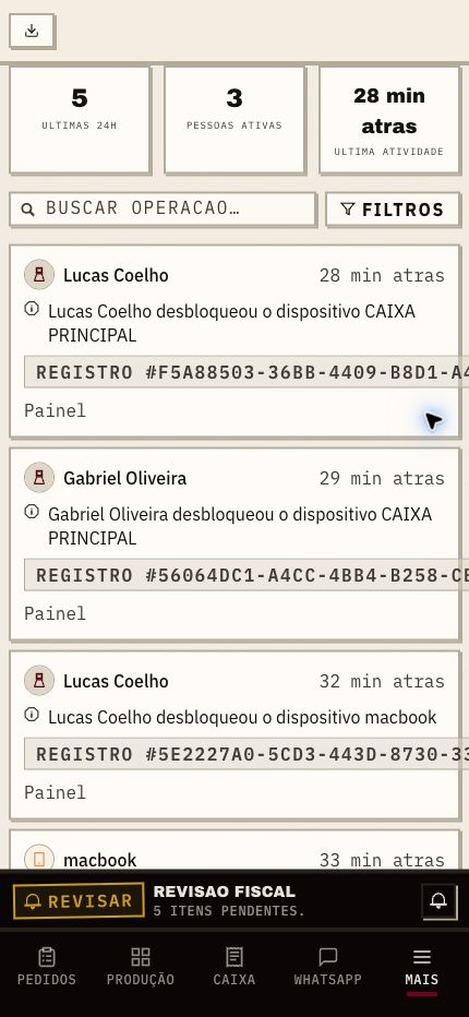 Histórico de auditoria do Pronto no celular com responsáveis e ações registradas
