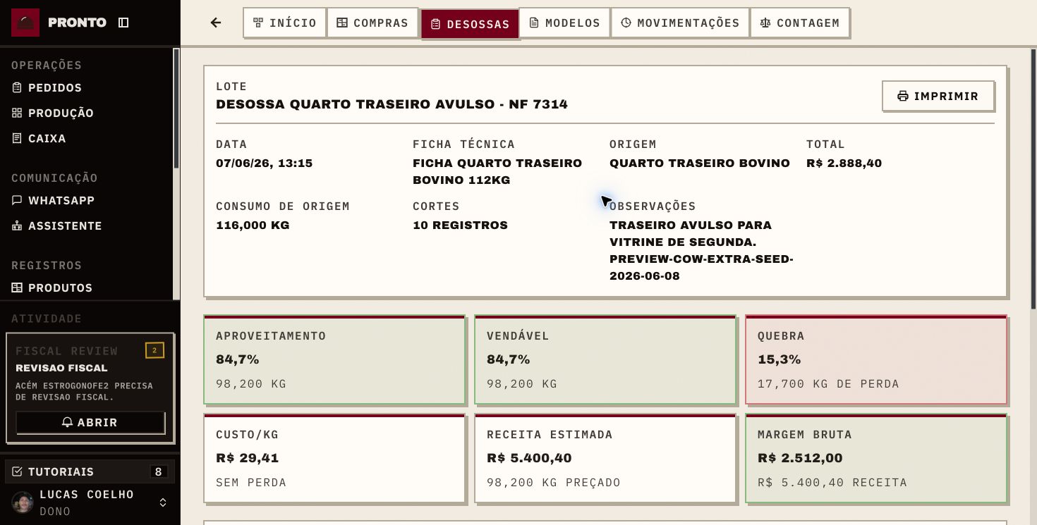 Painel de desossa do Pronto no computador com aproveitamento, quebra, custo e margem