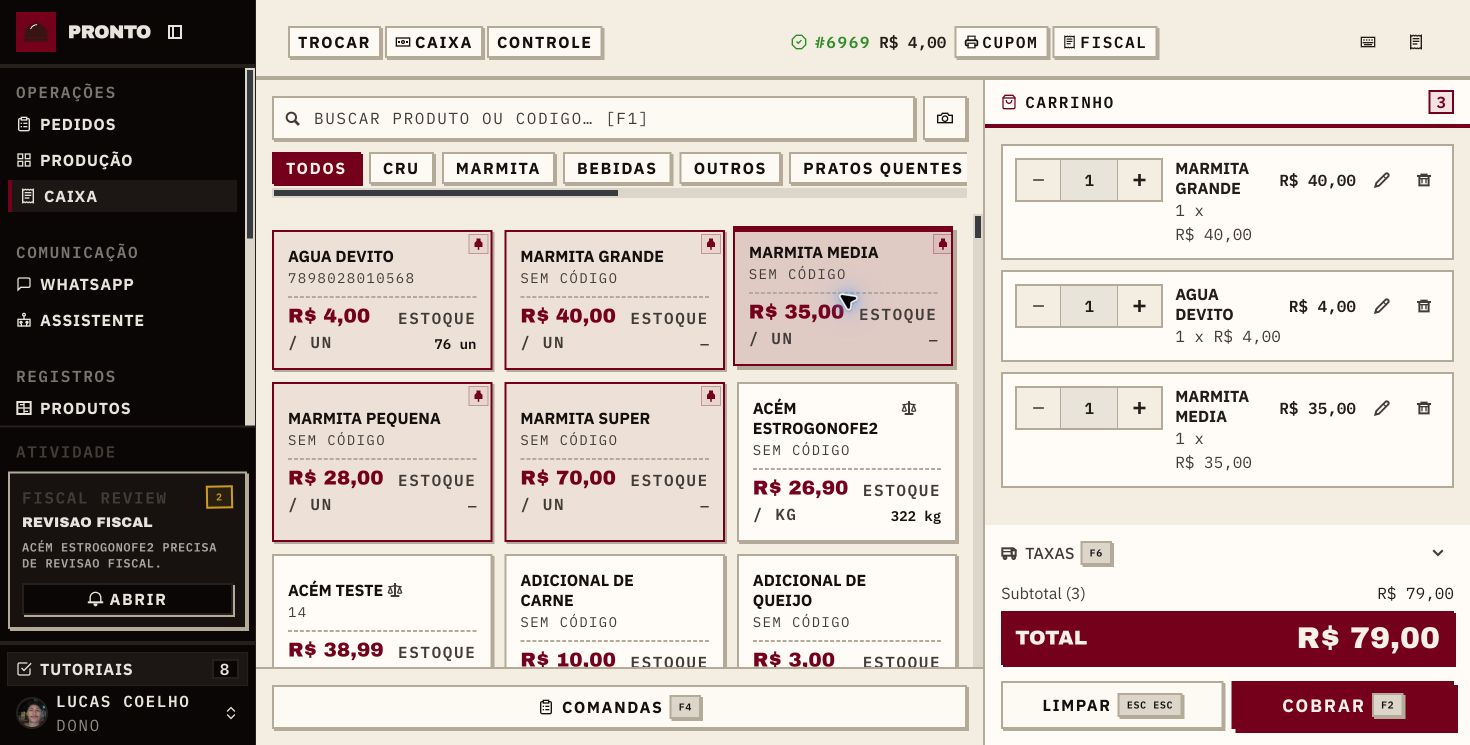 PDV do Pronto no computador com produtos, estoque, carrinho e total da venda