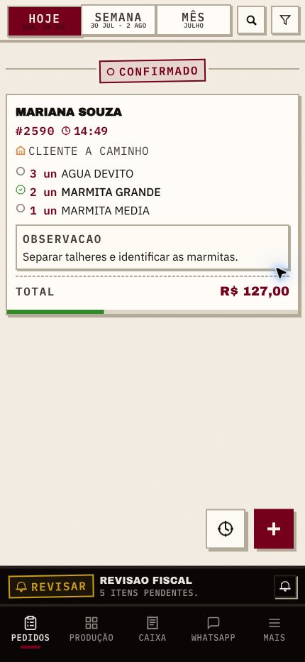 Pedido confirmado no Pronto pelo celular com cliente, itens, observação e total