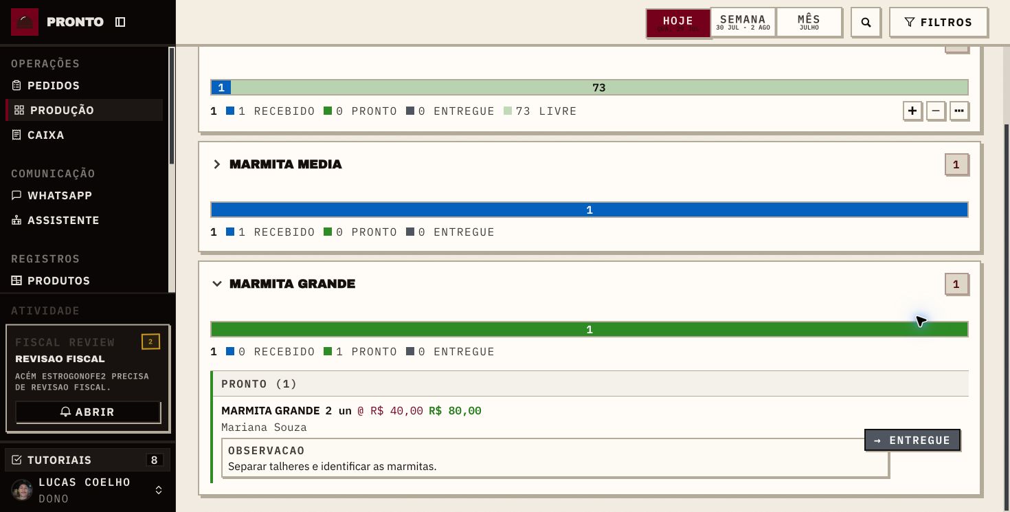 Produção do Pronto no computador com marmita pronta e pedido identificado