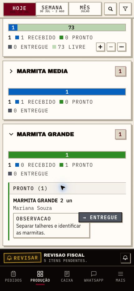 Produção do Pronto no celular com status recebido, pronto e entregue